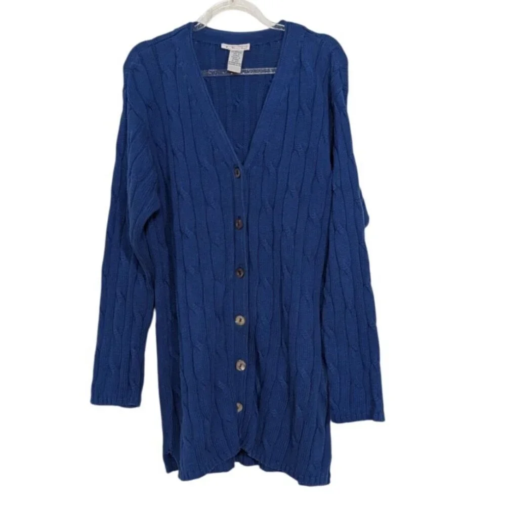 Talbots Cable Knit Cardigan Womens Size Medium Blue 100% Cotton V Neck Sweater